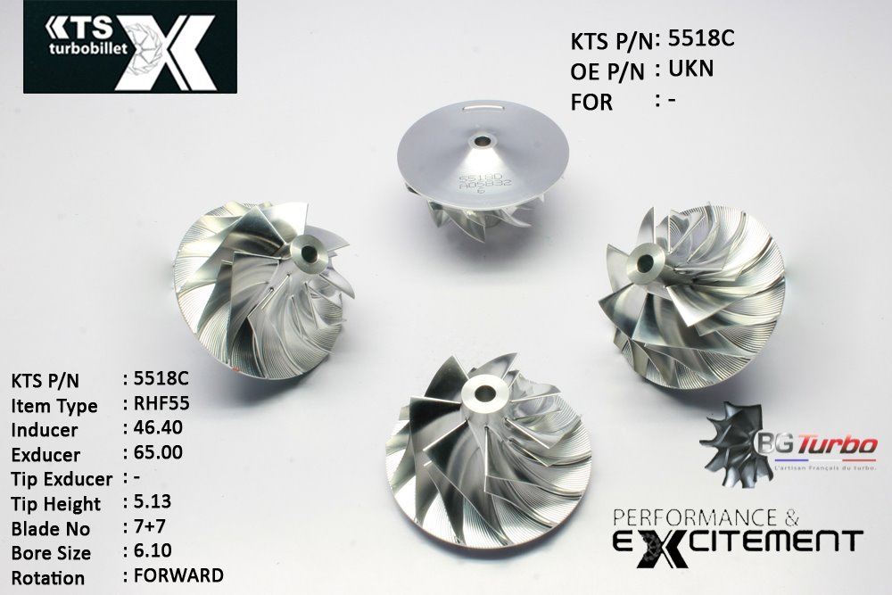 Turbo ROUE FORGÉE MFS PERFORMANCE - 7+7 PALES - INDUCER : 46,4 - EXDUCER : 65 - TYPE : RHF55ANGLE : 65° - ROTATION : Forward - SUPER BACK : 4,53 - BORE SIZE : 6,1
